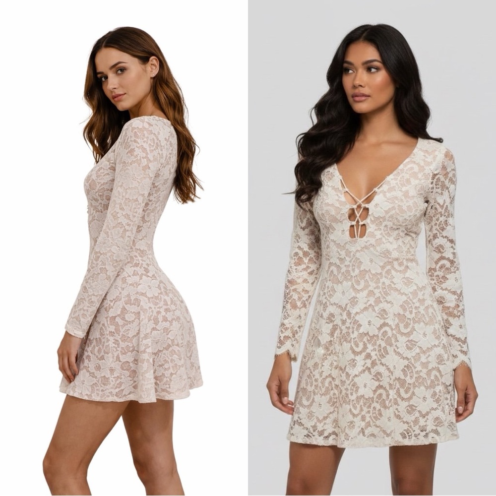 Luxxel White Lace Long Sleeve Mini Dress Size Small | Lace-Up V-Neck Fit & Flare